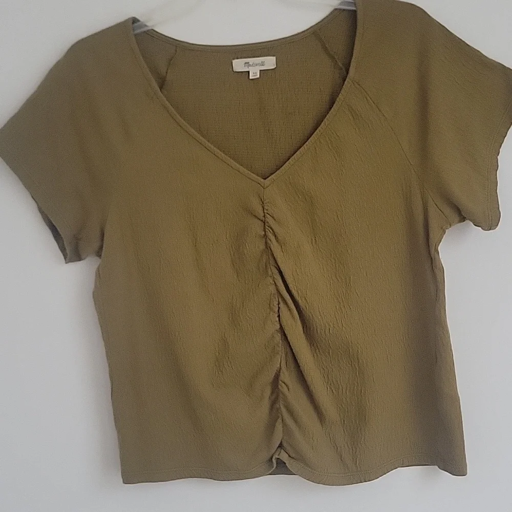 Madewell Olive Green V-Neck Short Sleeve Tee with Front Ruching - Picture 3 of 5
